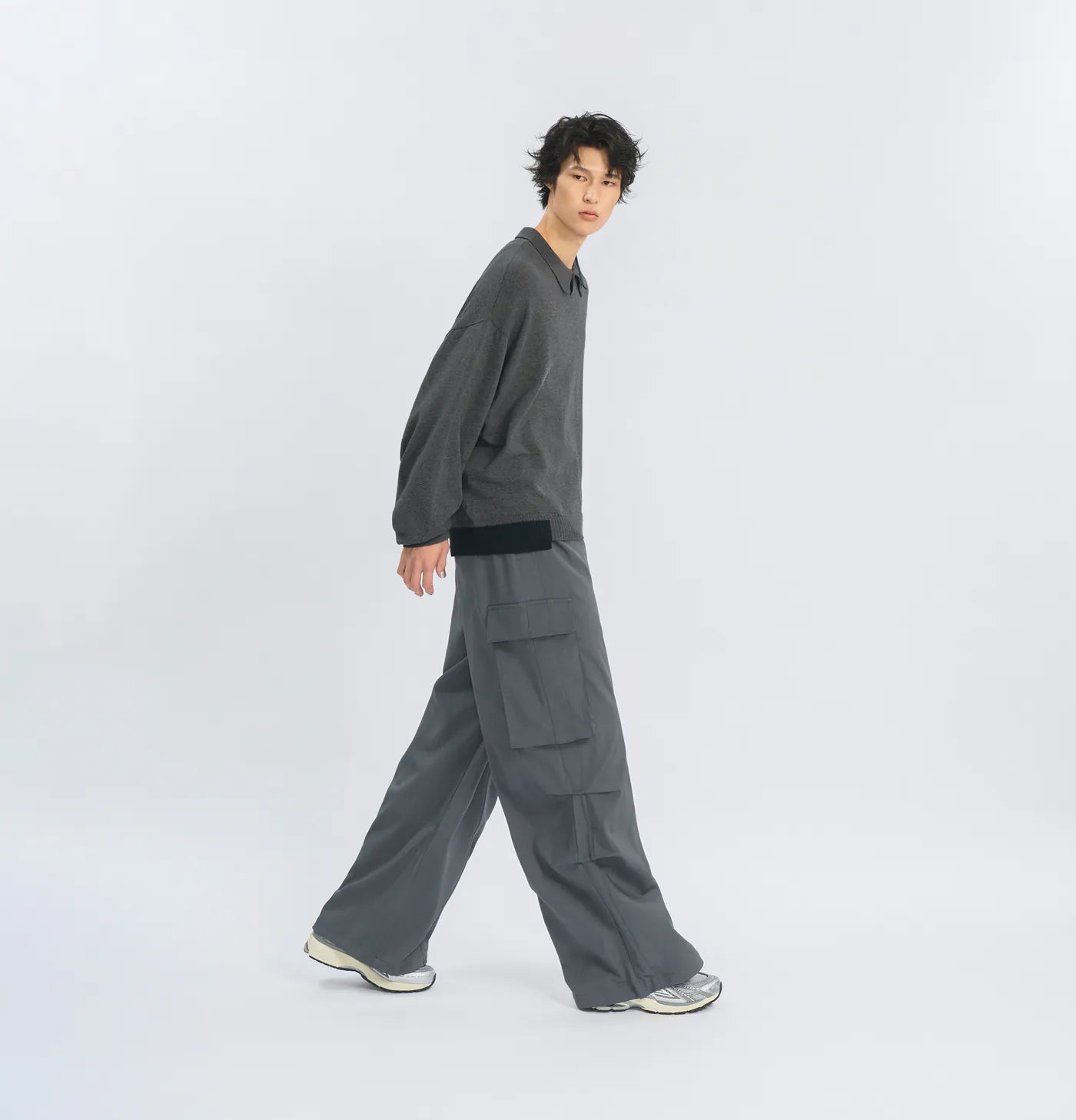 Melsign - Off-balance Knit Polo Shirt - Dark Gray