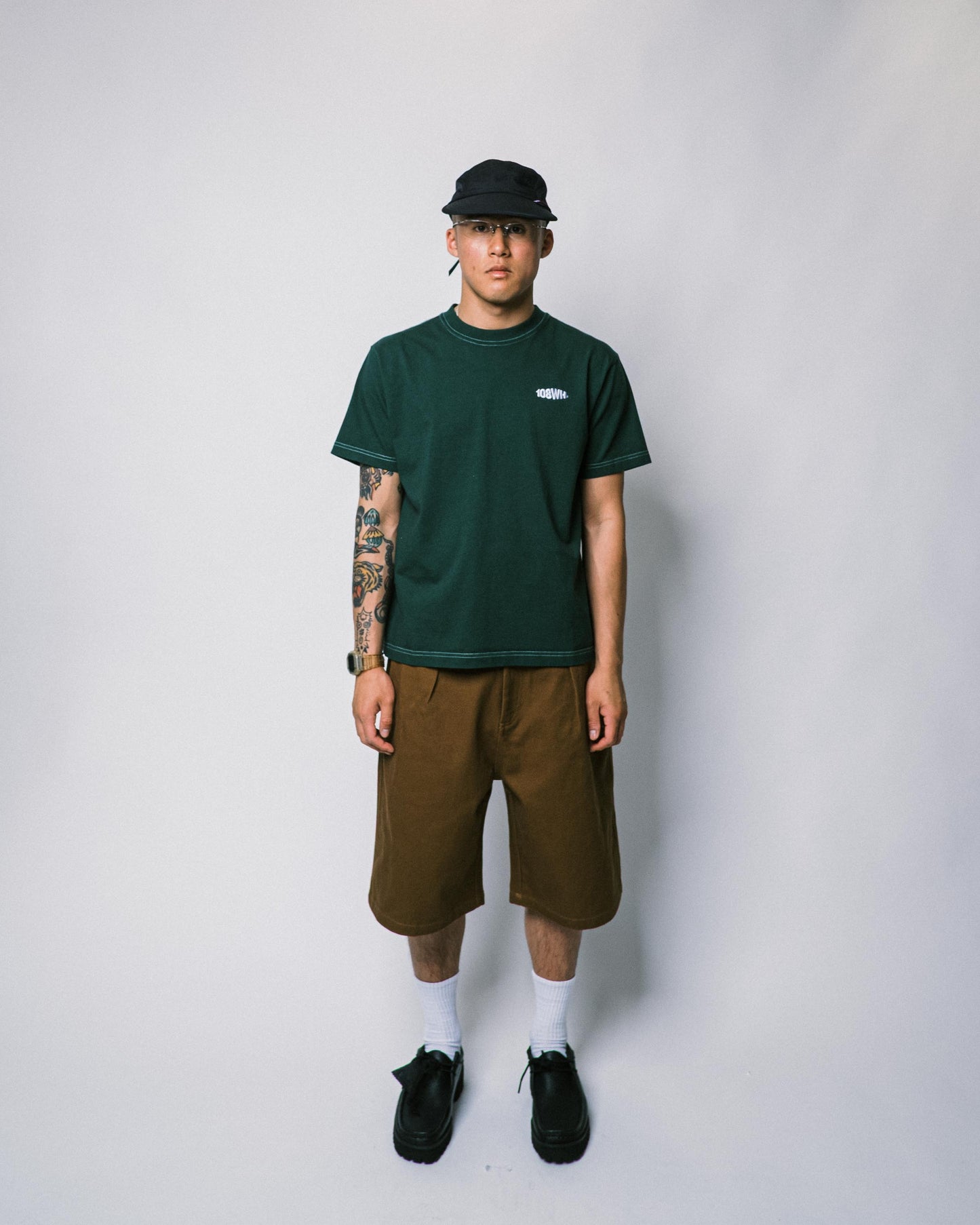 108WAREHOUSE - Contrast Stitch Heavy Logo T-Shirt - Forest Green
