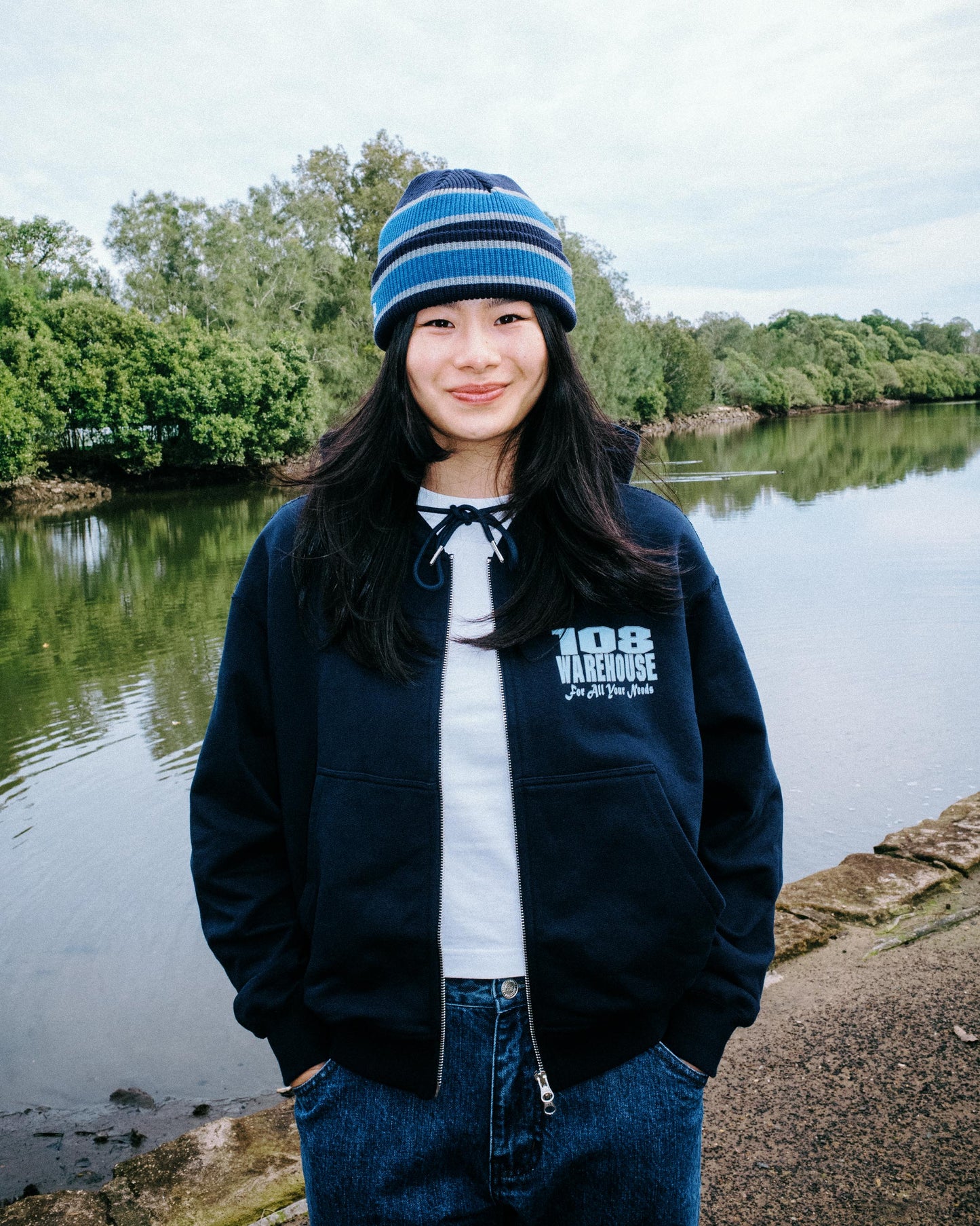 108WAREHOUSE - 2 Stripe Beanie - Navy/Blue