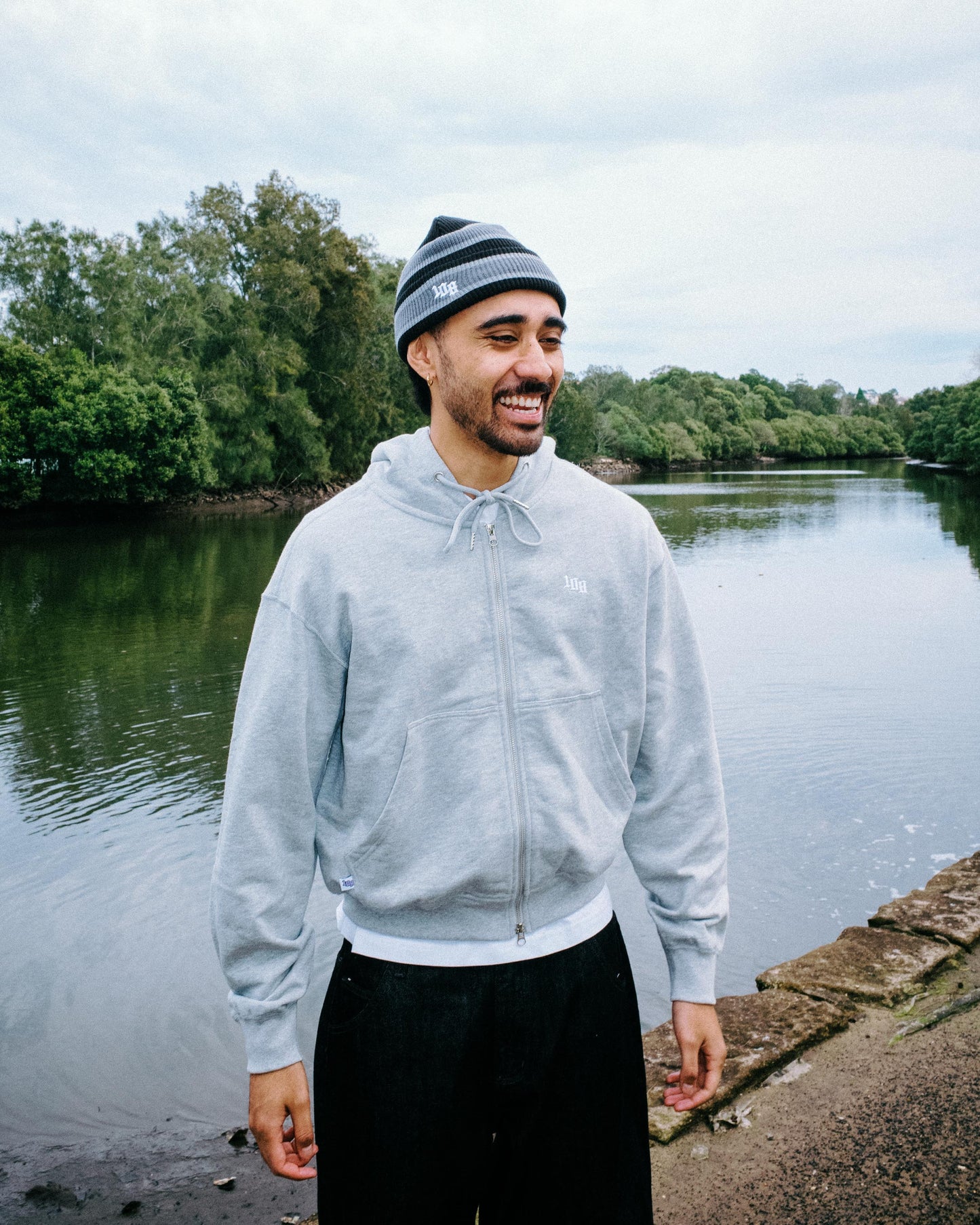 108WAREHOUSE - 2 Stripe Beanie - Black/Grey