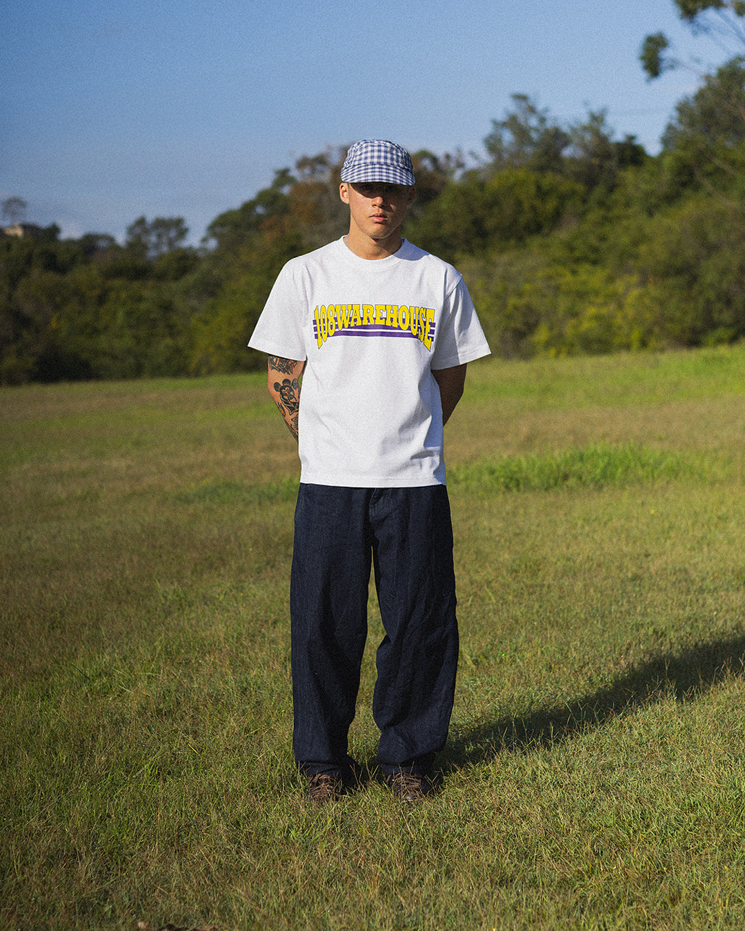 108WAREHOUSE - Athletic T-Shirt (Purple/Yellow on White)