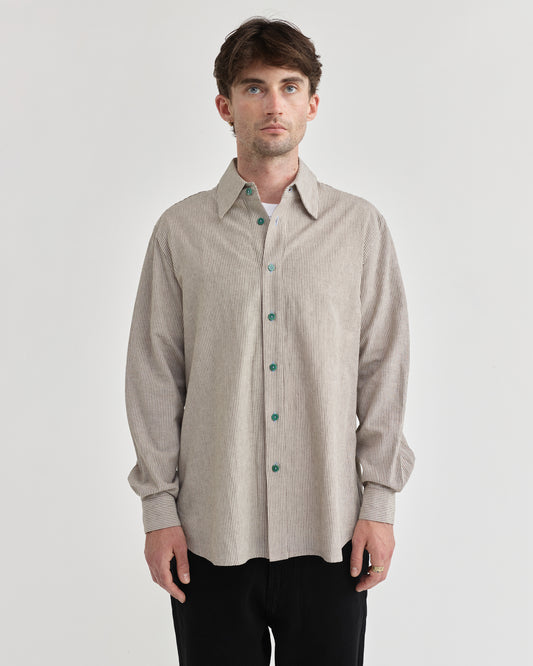 Pseushi - L/S Linen Work Shirt - Grey Stripe