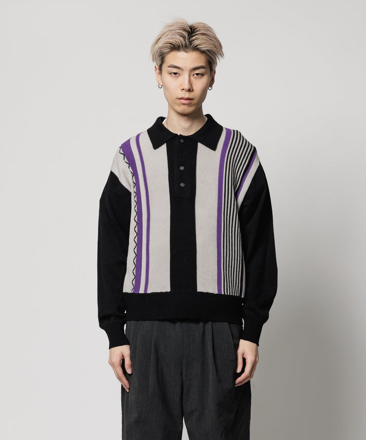 F-LAGSTUF-F - L/S Stripe Knit Polo Shirt - Black