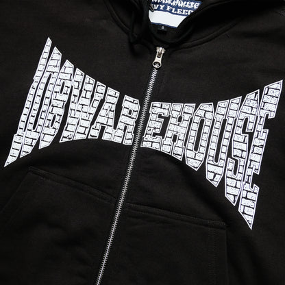 108WAREHOUSE - Cropped Zip Brick Logo Hoodie - Washed Black