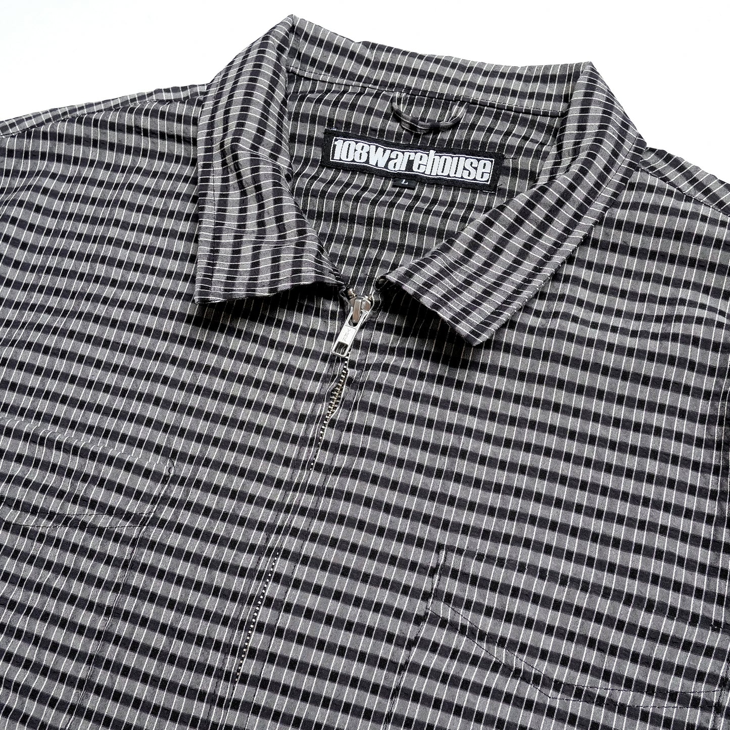 108WAREHOUSE - Seersucker Short Sleeve Zip Shirt - Black/Grey