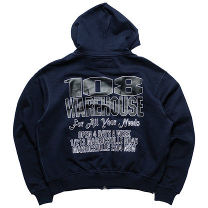 108WAREHOUSE - Cropped Zip Shop Logo Hoodie - Navy