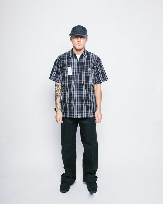 Ben Davis - Short Sleeve Half Zip Plaid (Black/White)