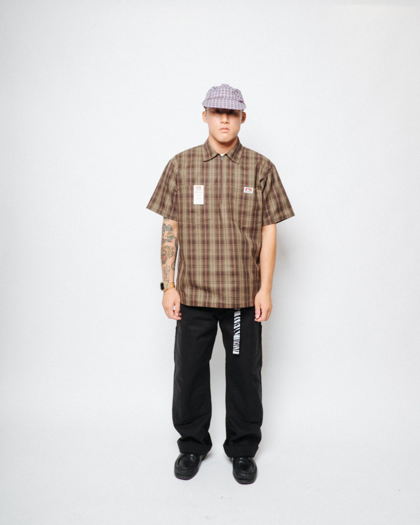 Ben Davis - Short Sleeve Half Zip Plaid (Olive)