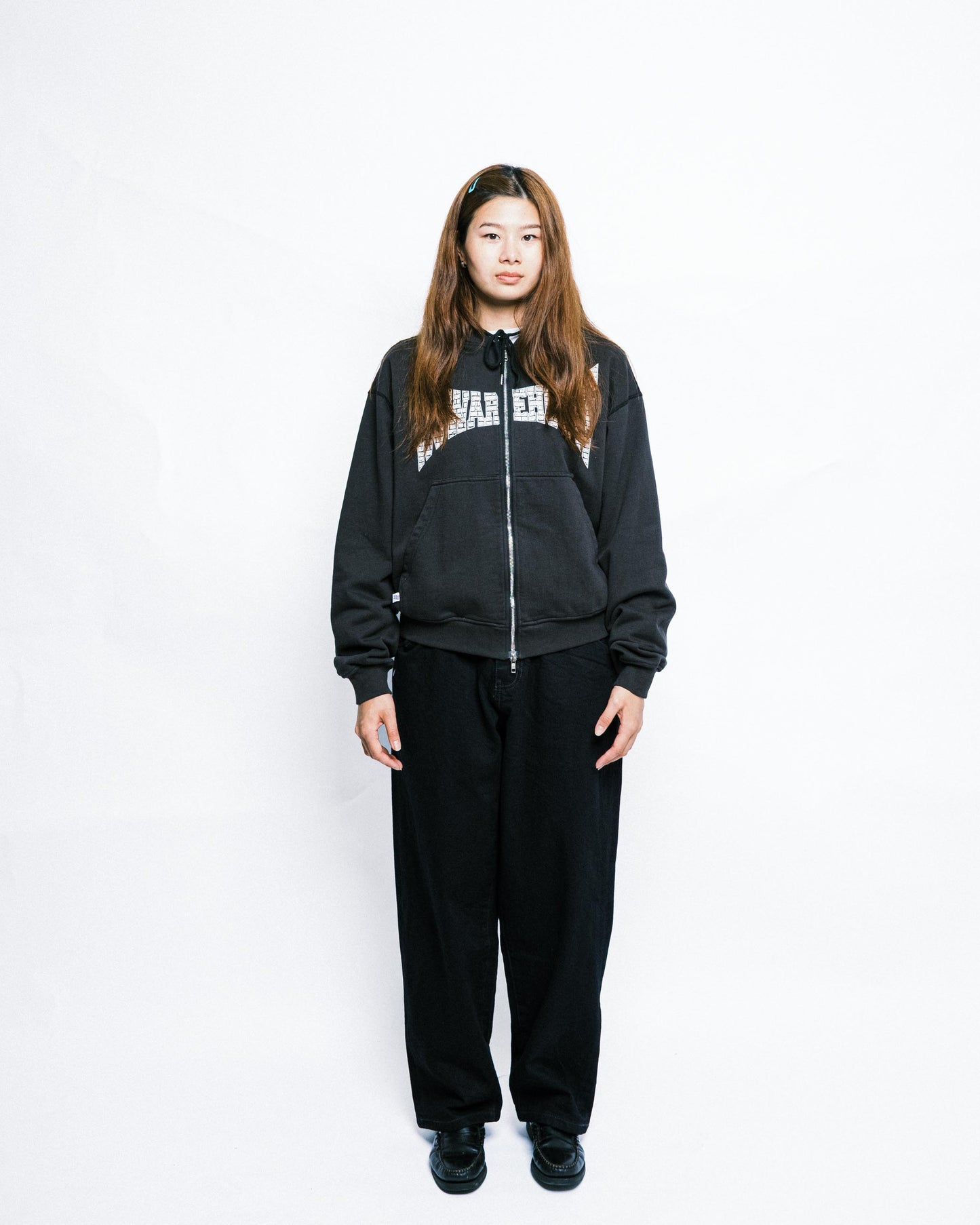 108WAREHOUSE - Cropped Zip Brick Logo Hoodie - Washed Black