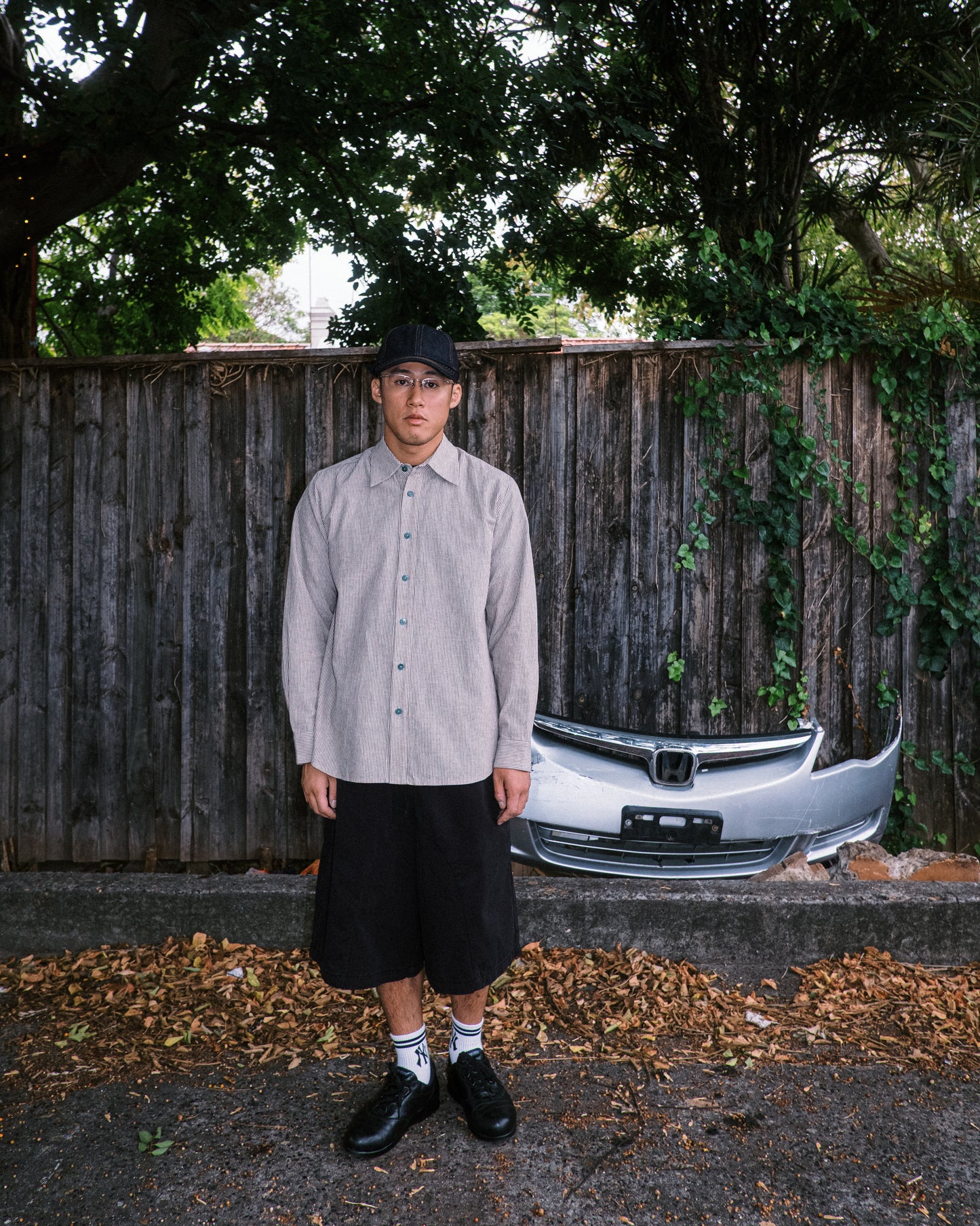 Pseushi - L/S Linen Work Shirt - Grey Stripe