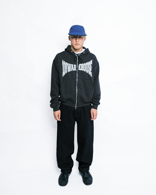 108WAREHOUSE - Cropped Zip Brick Logo Hoodie - Washed Black