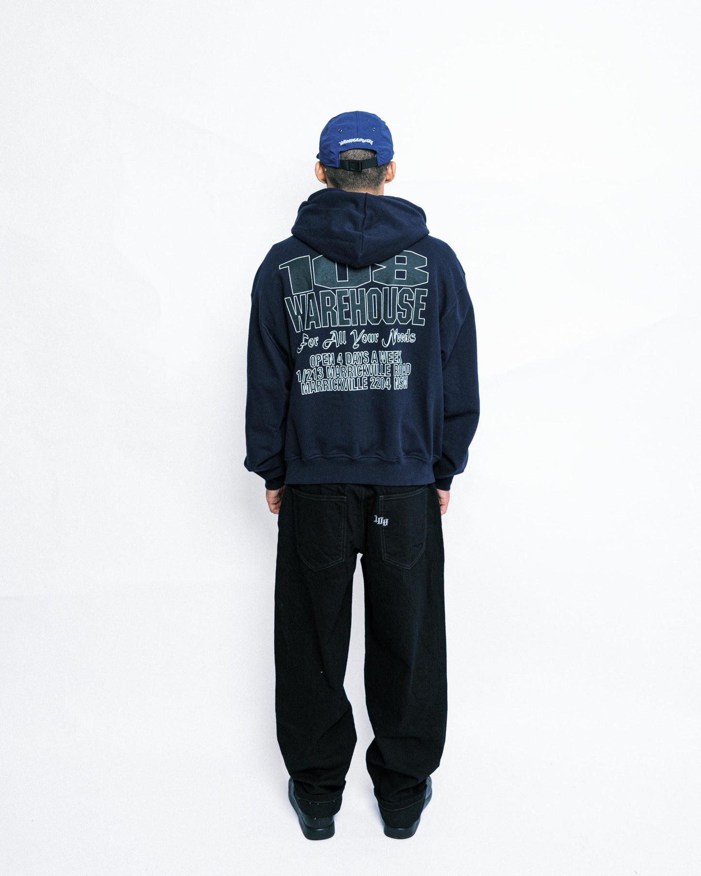 108WAREHOUSE - Cropped Zip Shop Logo Hoodie - Navy