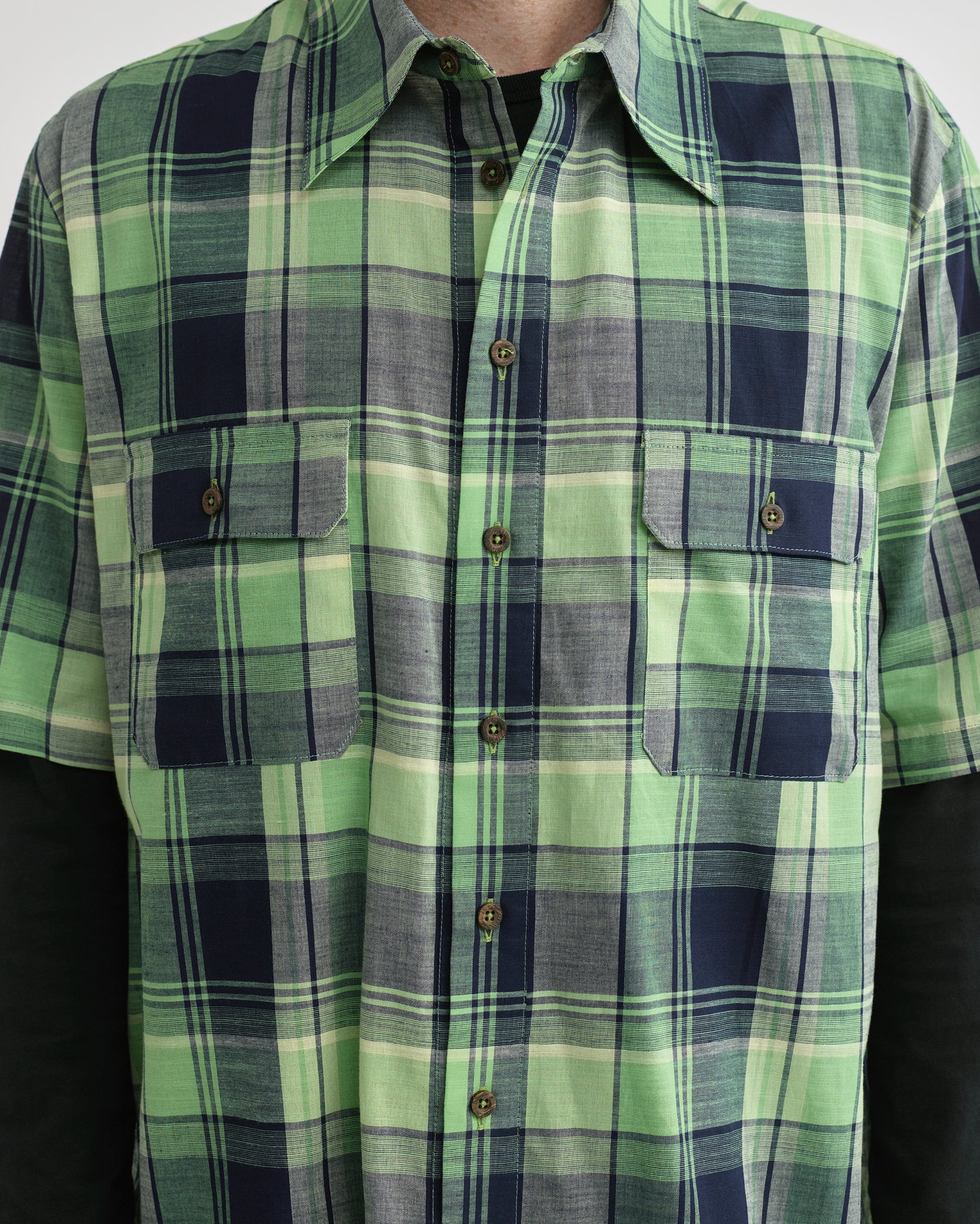 Pseushi - S/S Cottage Shirt - Navy/ Green