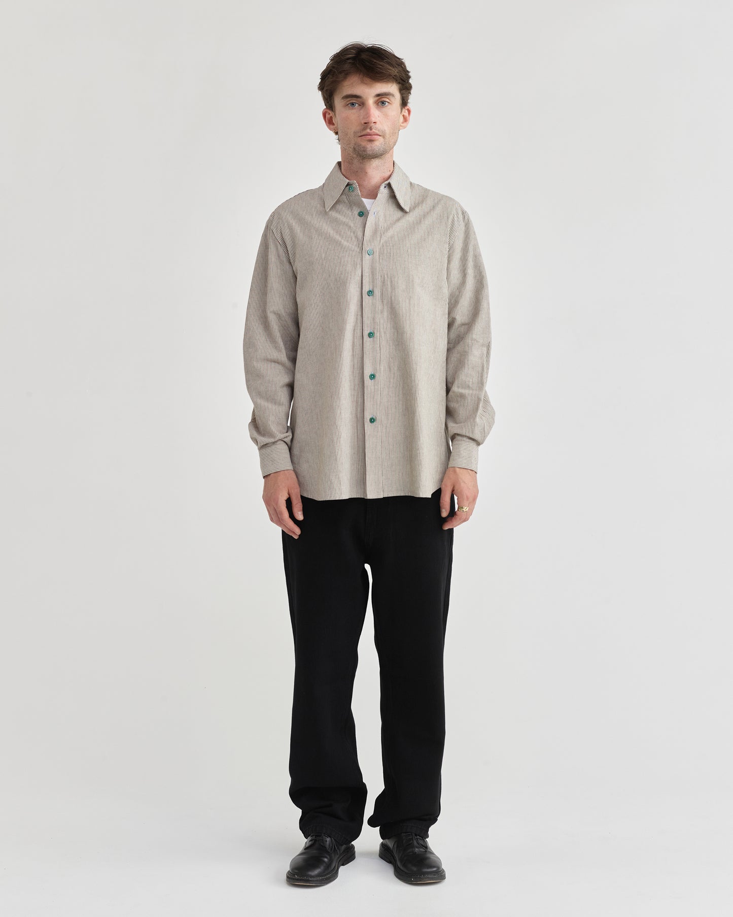 Pseushi - L/S Linen Work Shirt - Grey Stripe
