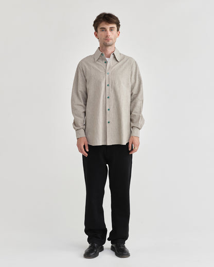 Pseushi - L/S Linen Work Shirt - Grey Stripe