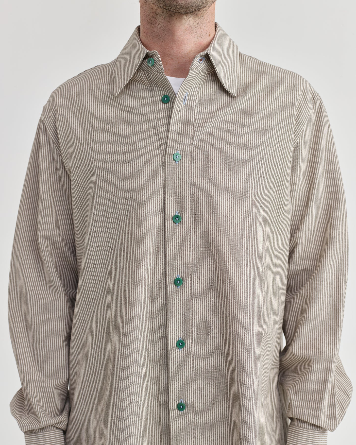 Pseushi - L/S Linen Work Shirt - Grey Stripe