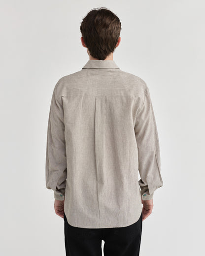Pseushi - L/S Linen Work Shirt - Grey Stripe