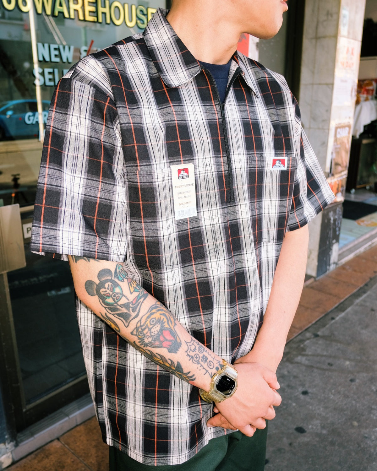 Ben Davis - Short Sleeve Half Zip Plaid (Black/Cream)
